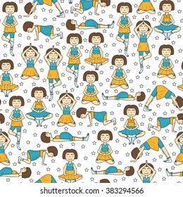 Seamless background with hand drawn pregnant women on pregnancy yoga theme. Healthy lifestyle and active pregnancy concept. Yoga poses for pregnant woman. Health care and bode care. Yoga studio