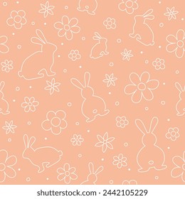Seamless background with hand drawn rabbits and flowers. Layout for a wrapping paper, poster and card. Vector illustration