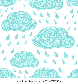 Seamless background with hand drawn rain clouds. Vector doodles.