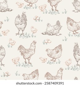 Seamless background of hand drawn roosters and chickens