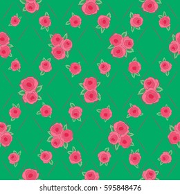 Seamless background with hand drawn rose flowers and plants. Seamless pattern of stylized little rose flowers in pink, red and green colors. Vector illustration.