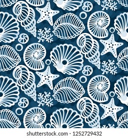 Seamless background from hand drawn sea shells and stars. Marine illustration of shellfish.