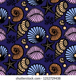 Seamless background from hand drawn sea shells and stars. Marine illustration of shellfish.