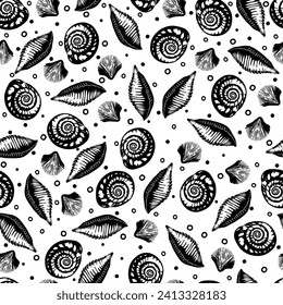 Nahtloser Hintergrund aus handgezeichneten Muscheln und Blasen. Meeresgrafik von Schalentieren.