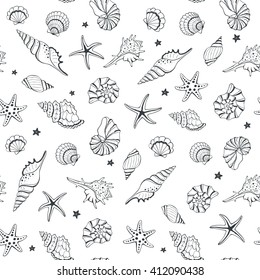 Seamless background from hand drawn sea shells and stars. Marine illustration of shellfish. 