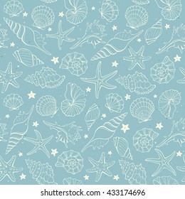 Seamless background from hand drawn sea shells and stars. Marine illustration of shellfish. 