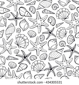 Seamless background from hand drawn sea shells and stars. Marine illustration of shellfish. 