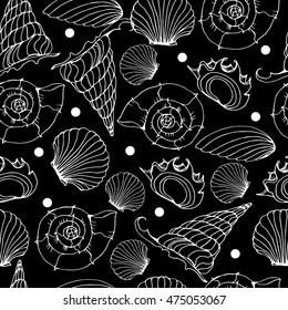 Seamless background from hand drawn sea shells. Marine illustration of shellfish. 