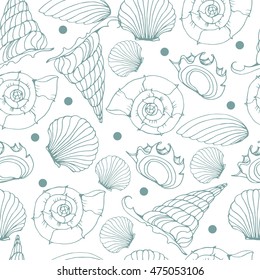 Seamless background from hand drawn sea shells. Marine illustration of shellfish. 