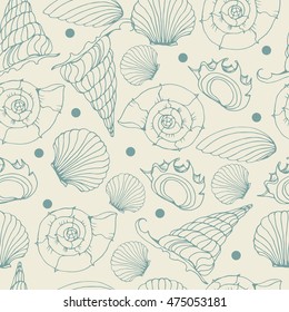 Seamless background from hand drawn sea shells. Marine illustration of shellfish. 