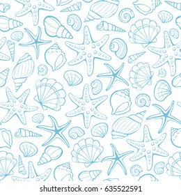 Seamless background from hand drawn sea shells and stars. Marine illustration of shellfish. 