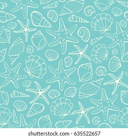 Seamless background from hand drawn sea shells and stars. Marine illustration of shellfish. 