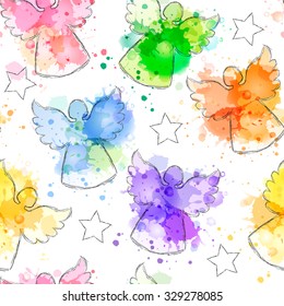 Seamless background with hand drawn silhouettes of angels and stars. Vector imitation of watercolor texture. Perfect for Christmas and New Year greetings, invitations, wrapping paper, textile, web.