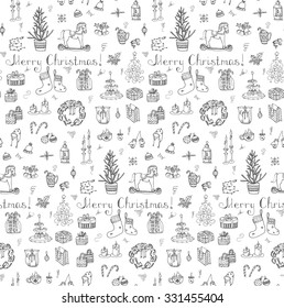 Seamless background Hand drawn sketchy christmas elements Doodle vector illustration  Candles gift boxes christmas tree wreath stocking candy canes cookie bells holly decoration Merry Christmas