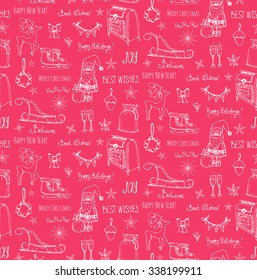 Seamless background hand drawn sketchy Christmas elements Doodle vector illustration  Santa Claus, snowflakes, ice skating, gifts, angel, Holly Jolly, decoration, Merry Christmas and Happy New Year