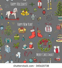 Seamless background Hand drawn sketchy Happy New Year elements Doodle vector illustration Candles gift boxes christmas tree wreath stocking candy canes cookie bells holly decoration Merry Christmas