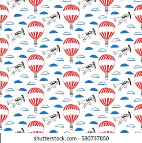 Seamless background with hand drawn sketchy plane and cloud. The image is made in the style of hand-made, bright, simple. 