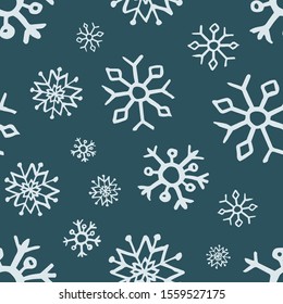 Seamless background of hand drawn snowflakes. Blue snowflakes on dark blue background. Christmas and New Year decoration elements. Vector illustration.