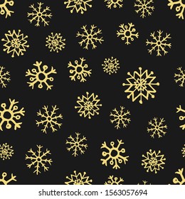 Seamless background of hand drawn snowflakes. Gold snowflakes on dark background. Christmas and New Year decoration elements. Vector illustration.