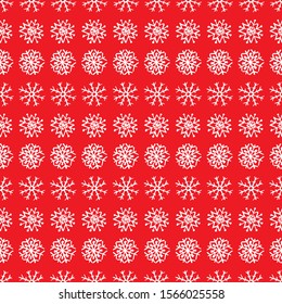Seamless background of hand drawn snowflakes. White snowflakes on red background. Christmas and New Year decoration elements. Vector illustration.