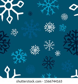 Seamless background of hand drawn snowflakes. Blue colorful snowflakes on blue background. Christmas and New Year decoration elements. Vector illustration.