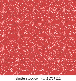 Seamless background with hand drawn stars. Silhouettes of five-pointed stars on a red background. Vector illustration in sketch style.
