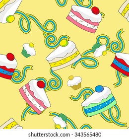 Seamless background hand drawn sweet dessert cakes and muffins on backdrop strips tape