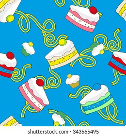 Seamless background hand drawn sweet dessert cakes and muffins on backdrop strips tape