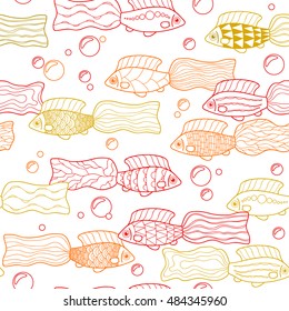 Seamless background with hand drawn tropical goldfish. Vector image.