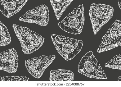 Seamless background with hand drawn vector line drawings of pizza slices. Pizza with shrimps, outline in white on a grey background