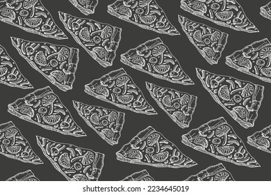 Seamless background with hand drawn vector illustrations of pizza slices. Pizza, white outline on a gray background, chalk imitation on a blackboard