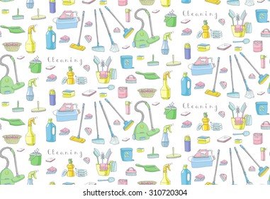 Seamless background of hand drawn vector cleaning service icons, Cleaning symbols, tools, Detergent, iron, mop, dust pan, brushes, bleach, duster, washing liquid, vacuum cleaner, doodle icons, sketch