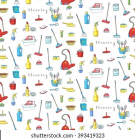 Seamless background of hand drawn vector cleaning service icons, Cleaning symbols, tools, Detergent, iron, mop, dust pan, brushes bleach, duster, washing liquid, vacuum cleaner, doodle icons, sketch