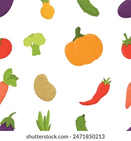 Seamless background with hand drawn vegetables. Flat cabbage, tomatoes, onion, carrot. Vegetarian healthy food texture. Vegan, farm-raised, organic, detox