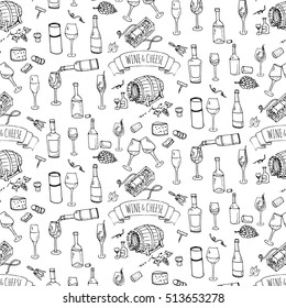 Seamless background hand drawn wine set icons Vector illustration Sketchy wine tasting element collection Wine objects Cartoon wine symbols Vineyard background Vector wine background Winery Wine glass