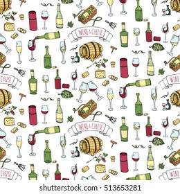 Seamless background hand drawn wine set icons Vector illustration Sketchy wine tasting element collection Wine objects Cartoon wine symbols Vineyard background Vector wine background Winery Wine glass