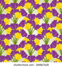 Seamless background with hand drawn yellow and lilac tulips flowers. For easy making seamless pattern use it for filling any contours. Vector illustration /EPS10