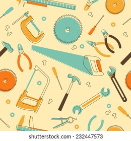 Seamless background with hand tools, pliers, wrench, saw, hammer, screwdriver,  in retro doodle style