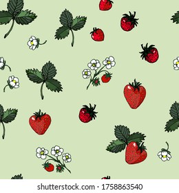 seamless background of hand-drawn berries, flowers and strawberry leaves, isolated on a green background