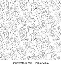 Seamless background in hand-drawn cactus with flowers and thorns. Isolated vector object on white background. Exotic Opuntia. Hand drawn ornament for wrapping paper. Cacti ornament. Hand drawn isolate