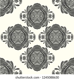 seamless background, with hand-drawn classical patterns in the style of Baroque, Rococo, art-deko, in black and white colors, vector eps 10