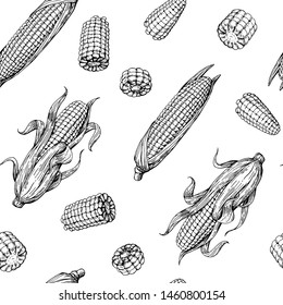 Seamless background with hand-drawn corn. Vector seamless pattern with sketches of different corn. Perfect for packaging design.