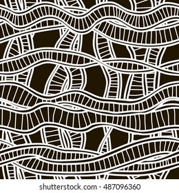 Seamless background with hand-drawn curving ribbons. Vector. White outline on black background.