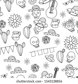 seamless background with hand-drawn doodle style for holiday day of the dead. 
black outline on white background
