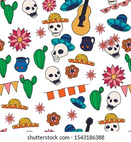 seamless background with hand-drawn doodle style for holiday day of the dead