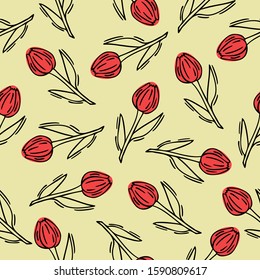 Seamless background with hand-drawn floral pattern. Tulips. It can be used for decoration of textile, paper and other surfaces. 