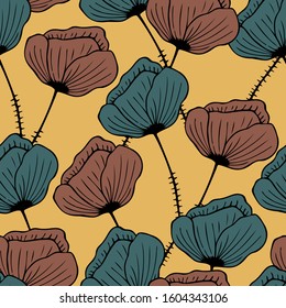 Seamless background with hand-drawn floral pattern. Poppies on a yellow background. It can be used for decoration of textile, paper and other surfaces. 