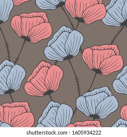Seamless background with hand-drawn floral pattern. Poppies on a brown background. It can be used for decoration of textile, paper and other surfaces. 