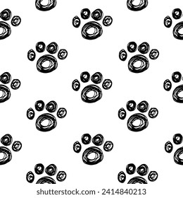 seamless background with hand-drawn footprints of cat paws. Wrapping paper, ink, backdrop, pattern.