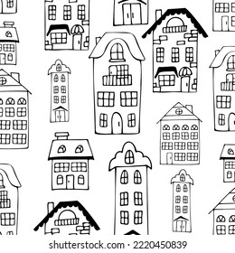 Seamless background of hand-drawn houses. Black and white pattern for children's coloring.